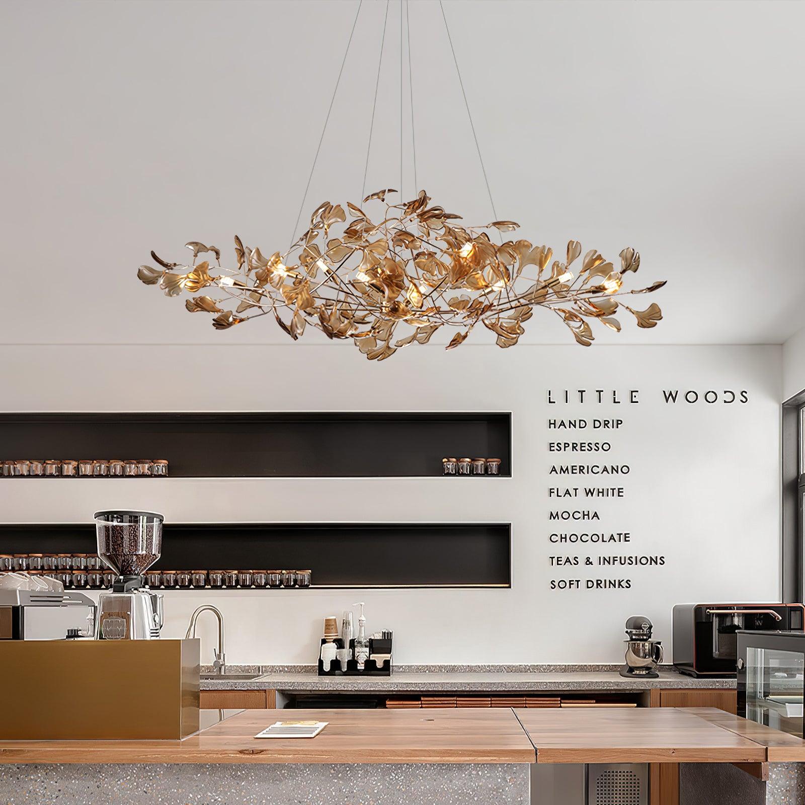 Lustre Feuille de Ginkgo, Feuilles en acrylique, Cadre or ou chrome, G9