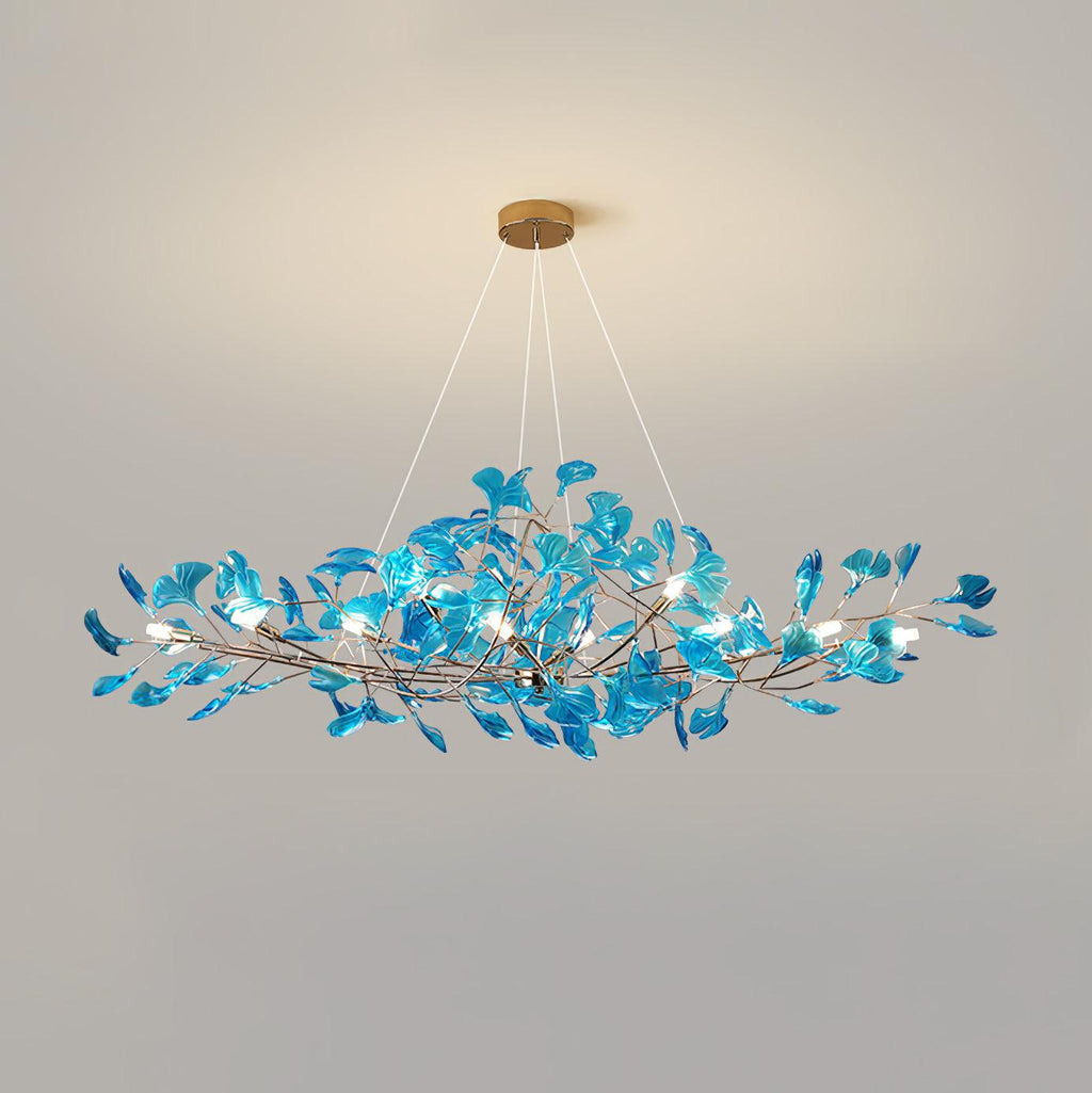 Ginkgo leaf chandelier overhead view of fanned acrylic leaves