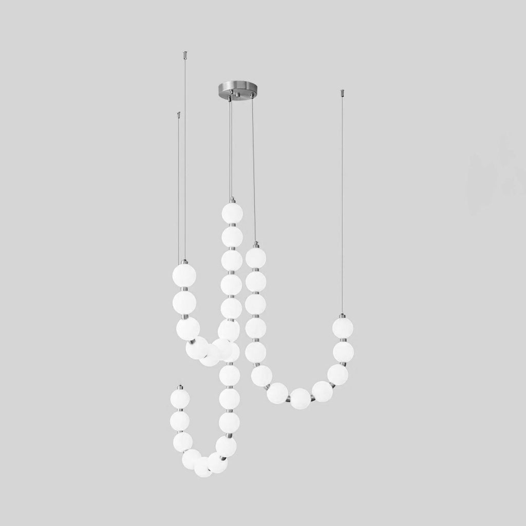 Acrylic pearl chandelier with chrome frame and white orbs
