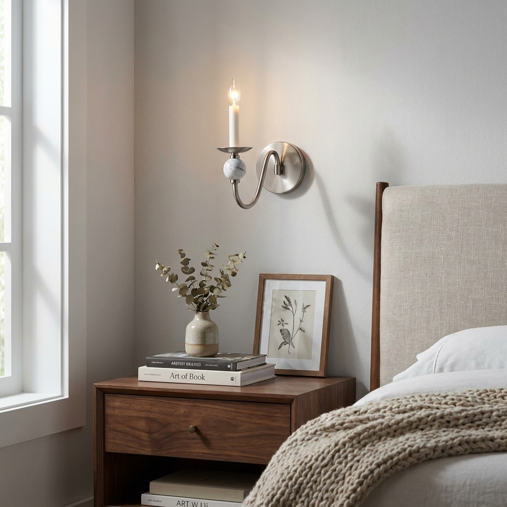 Above a wood nightstand with a small vase and stacked books, this Clérachic wall light glows in a brushed-nickel finish.