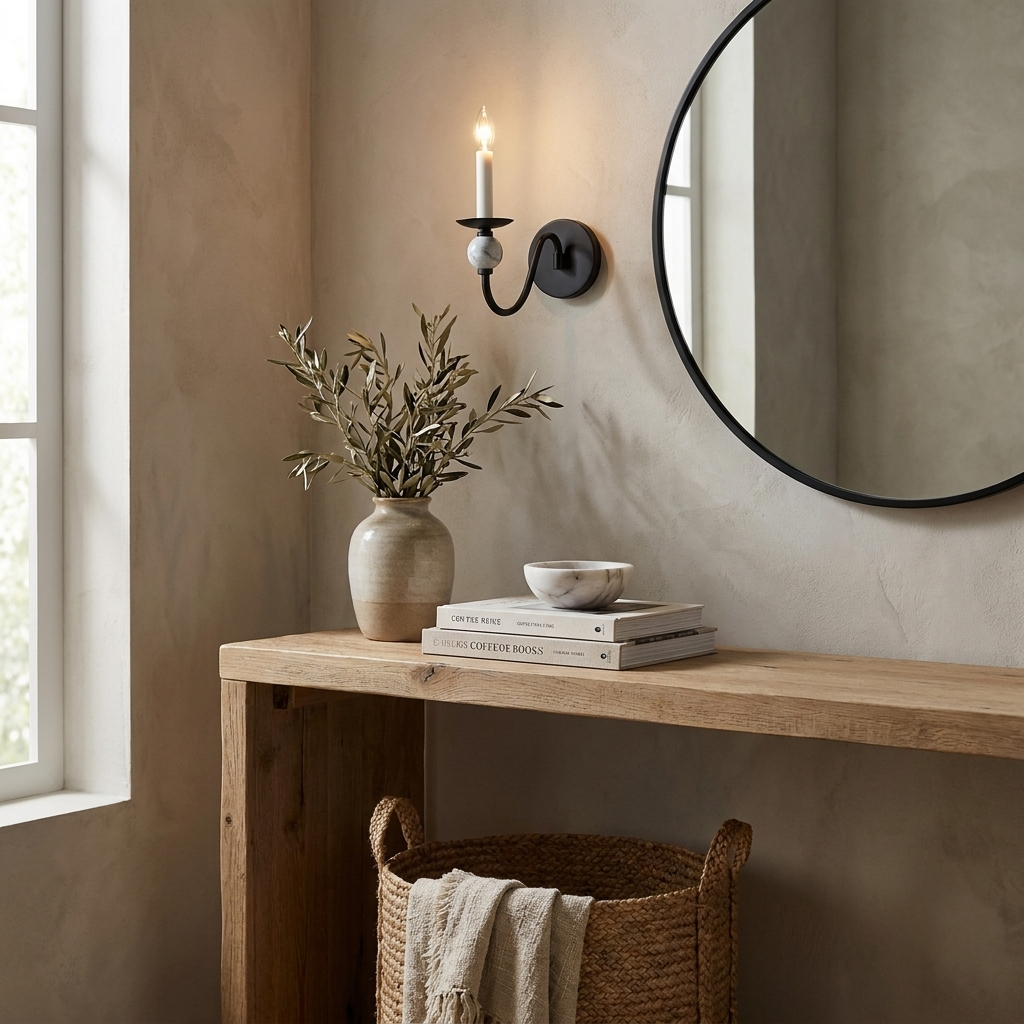 Above a console table with a round mirror and a woven basket, this Clérachic wall light glows in matte black.