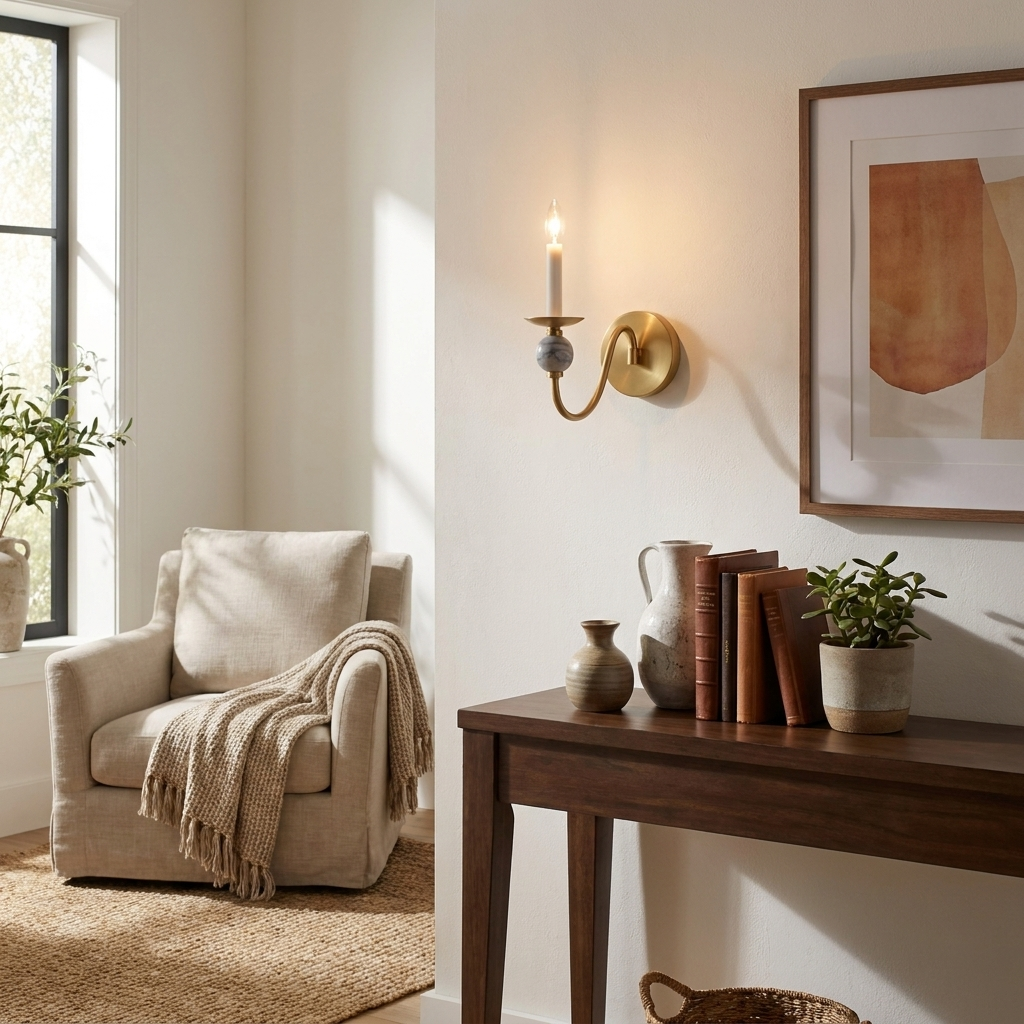 Beside a linen armchair and a console table of books, this Clérachic wall light glows in a brass finish.