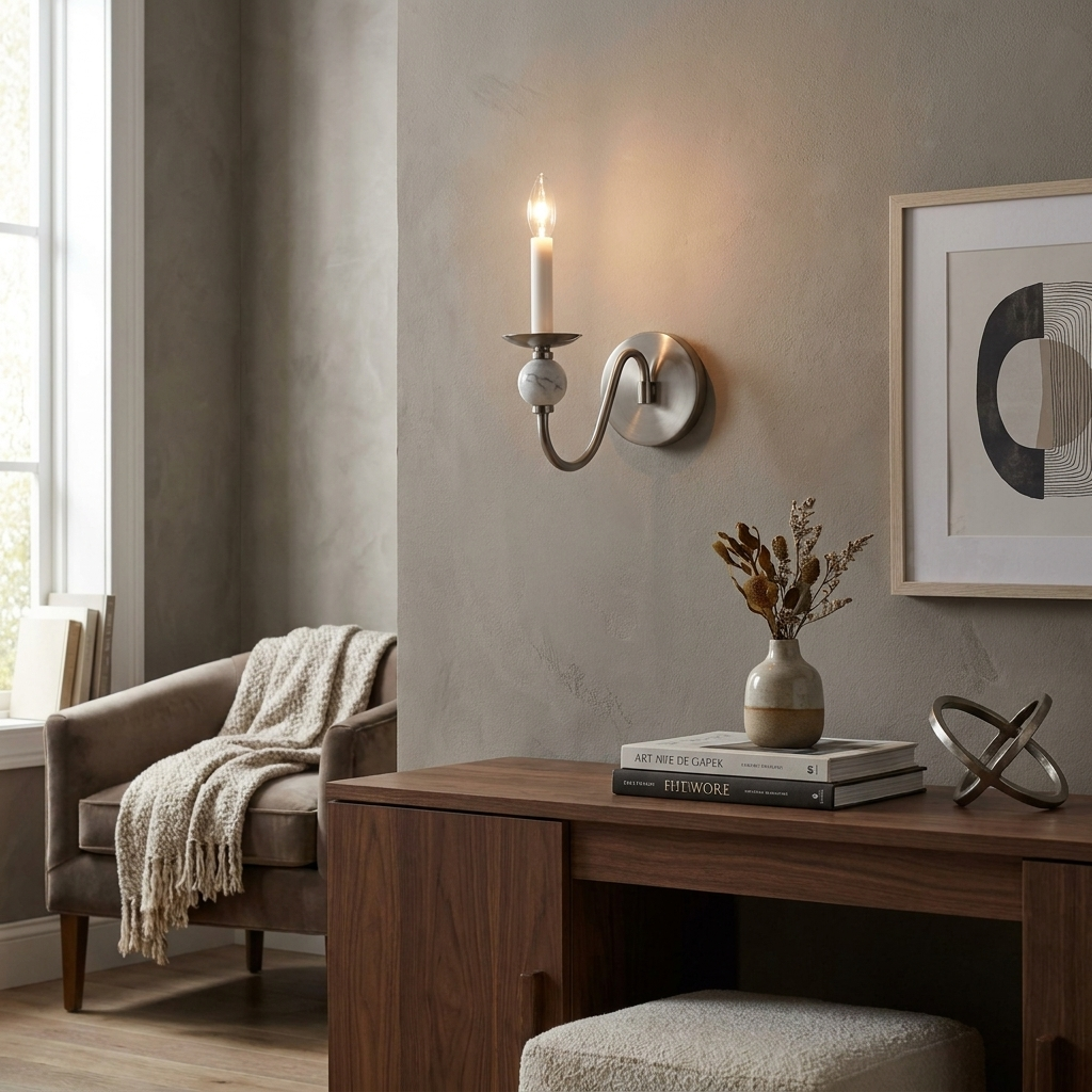 Beside framed art and a throw-draped armchair, this Clérachic wall light glows in brushed nickel above a wood desk.