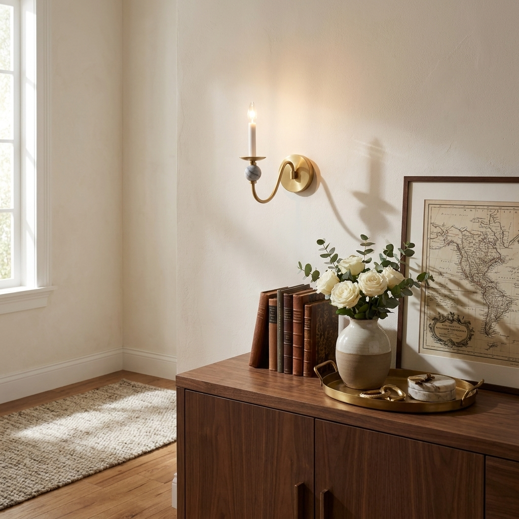 Over a console table topped with a vase of roses and a framed map, this Clérachic wall light glows in a brass finish.