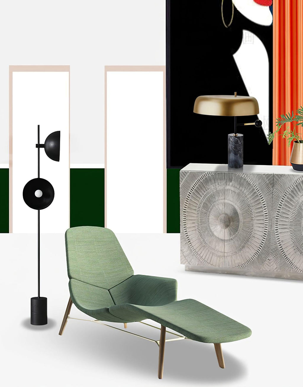 A styled mood board places the Clérachic table lamp among a floor lamp, a green chaise and a patterned sideboard.
