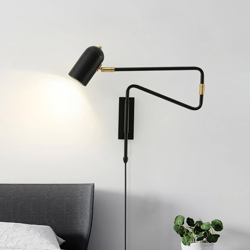 Swing arm wall lamp with the arm extended over a chair