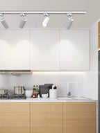 Track ceiling light with white heads against a pale ceiling