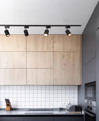 Track ceiling light spotlights aimed at framed artwork