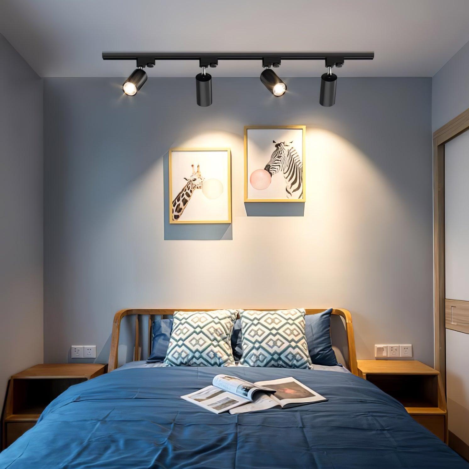 Track ceiling light with gold spotlight heads on black body