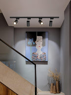 Track ceiling light mounted above a living room shelf