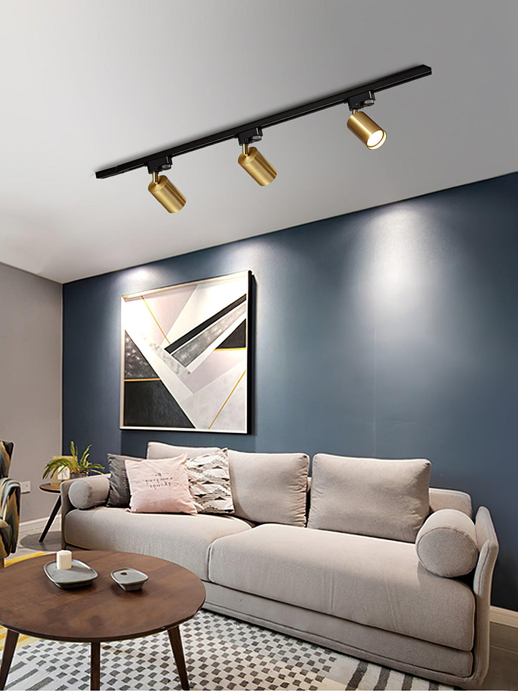 Track ceiling light heads positioned to wash a gallery wall