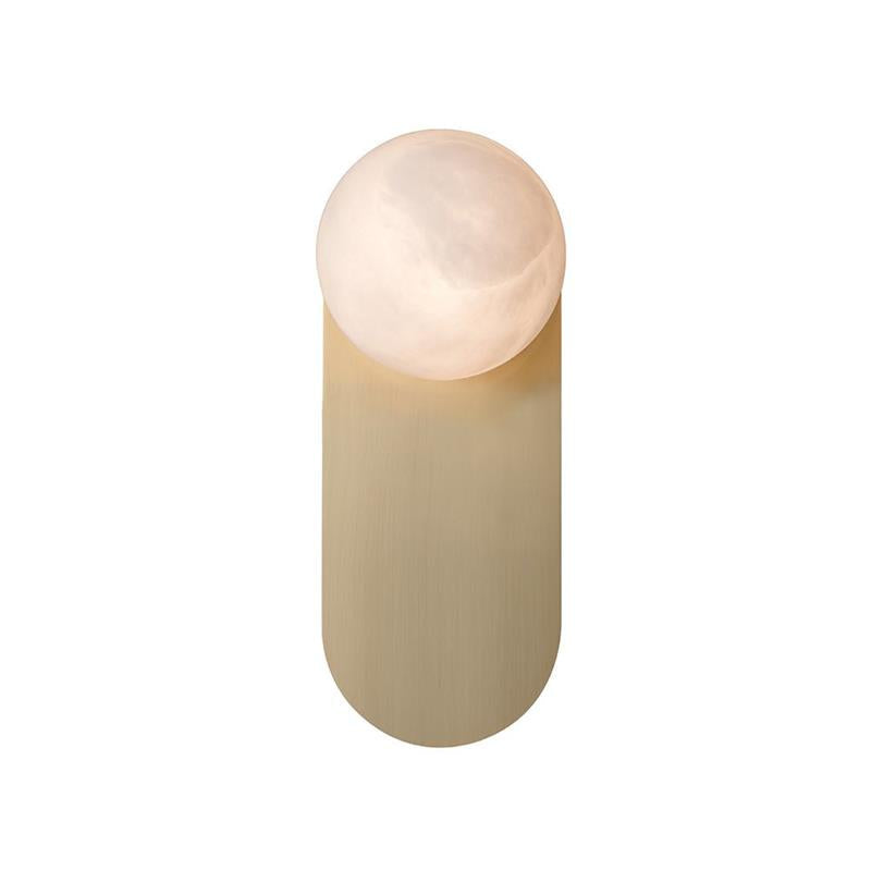 Front view of the unlit Adela sconce showing the pale cloudy grain running through its alabaster disc