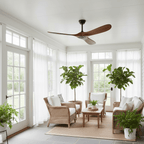 Wooden blade ceiling fan rendered on a clean white background