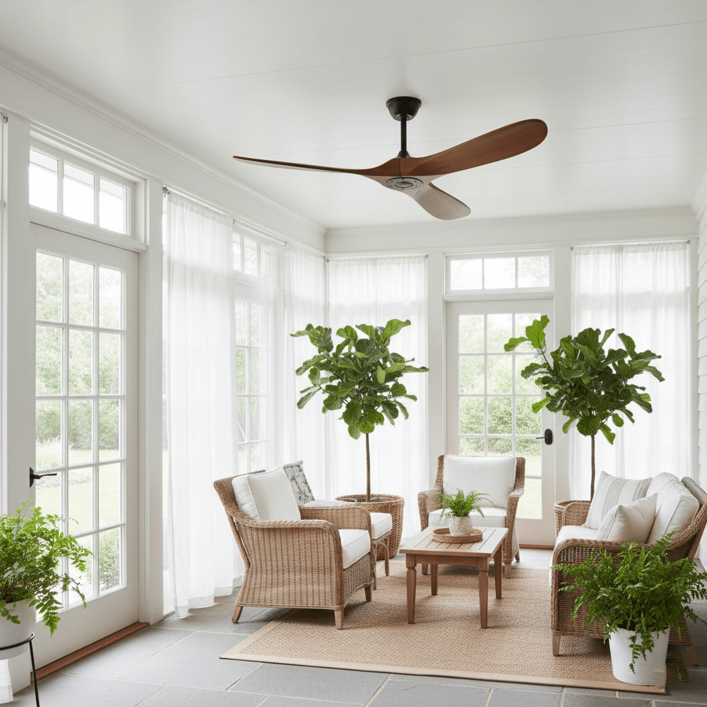 Wooden blade ceiling fan rendered on a clean white background