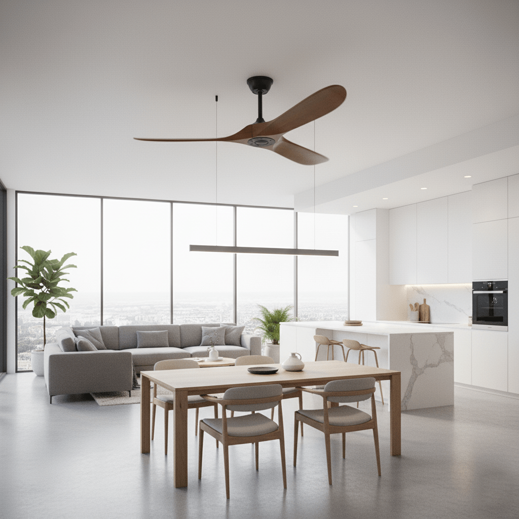 Wooden propeller ceiling fan studio shot on white