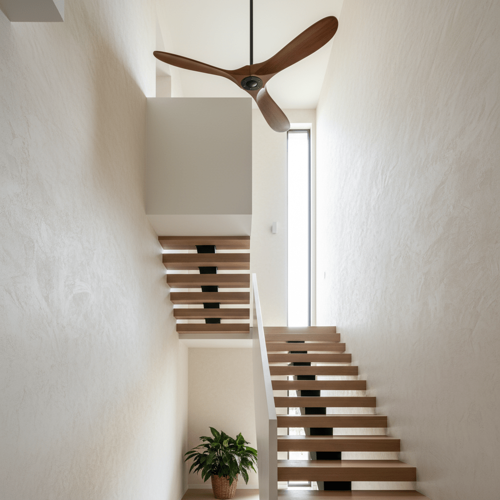Wooden blade ceiling fan shown from the side on white