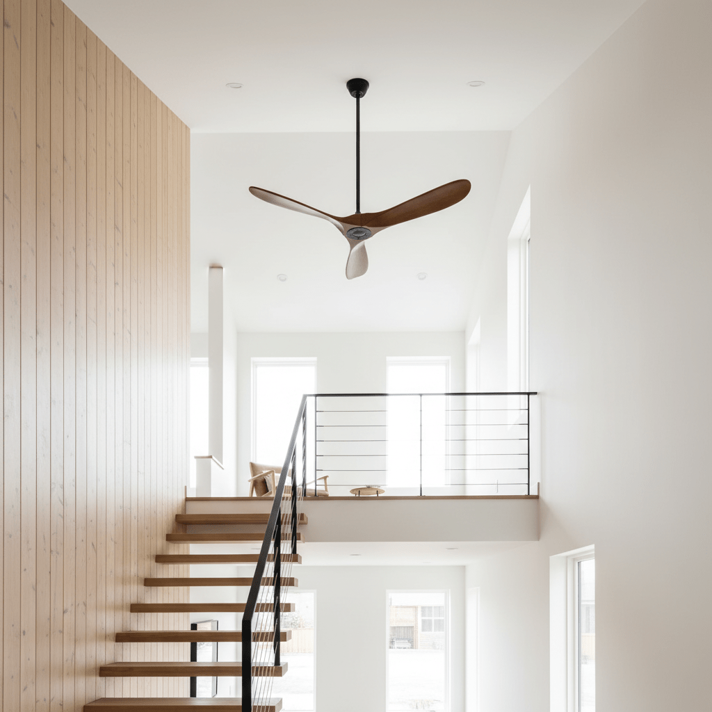 Wooden blade ceiling fan shown isolated on a white background