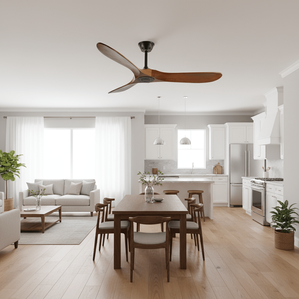 Wooden propeller ceiling fan close detail on a white background