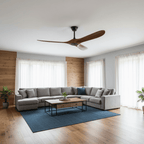 Wooden blade ceiling fan motor housing detail on white