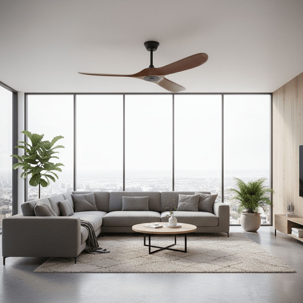 Wooden propeller ceiling fan angled view on white