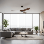 Wooden propeller ceiling fan angled view on white