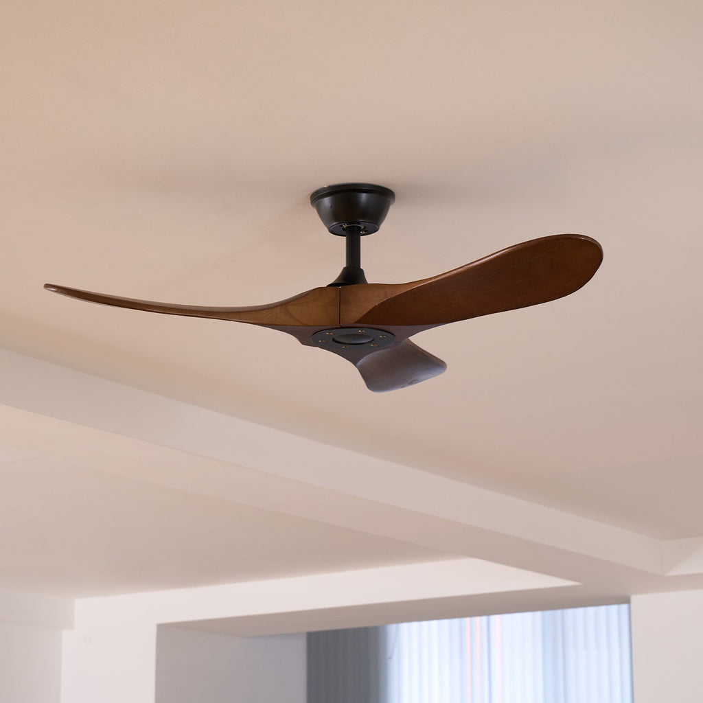 Wooden blade ceiling fan shown at scale on a white background