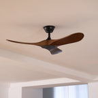 Wooden blade ceiling fan shown at scale on a white background