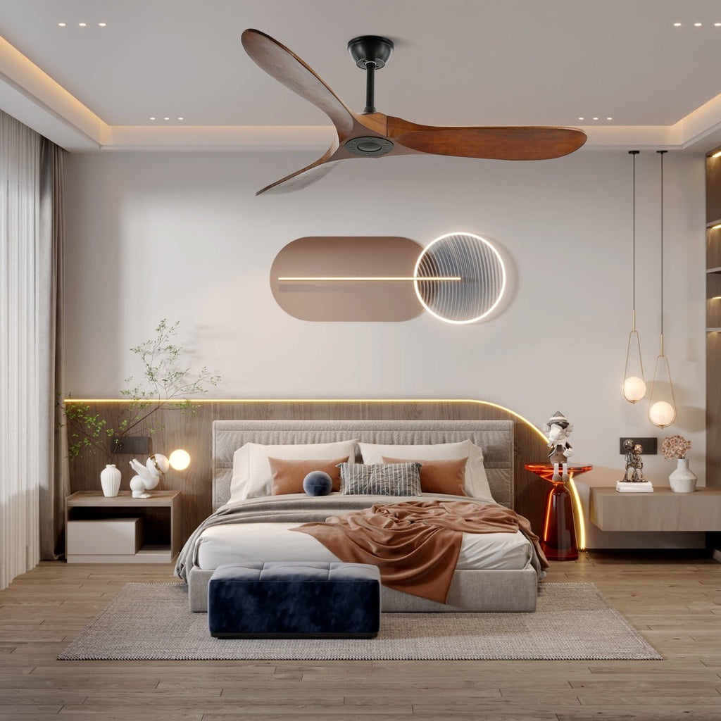 Wooden propeller ceiling fan cooling a warm modern room