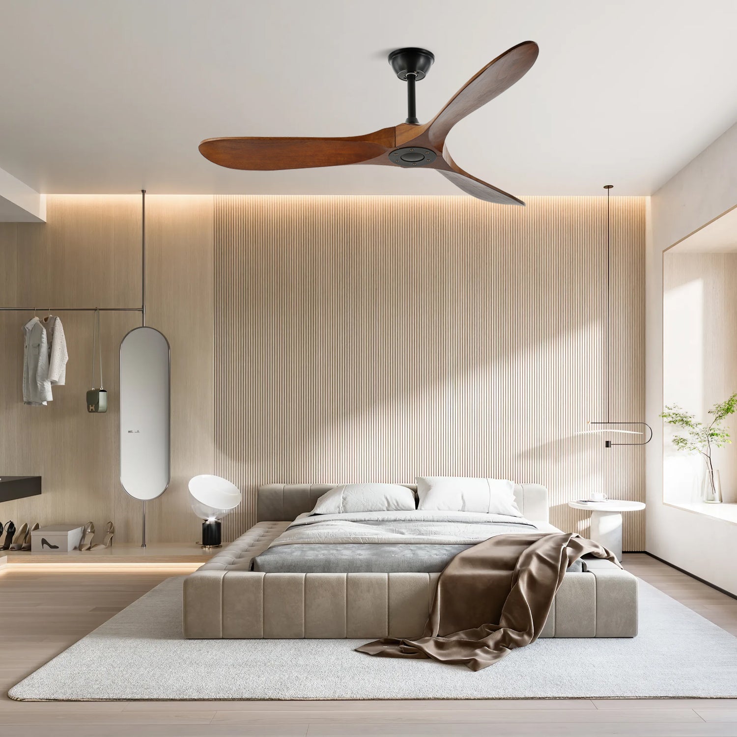 Aero Breeze ceiling fan with natural wood blades in a living room