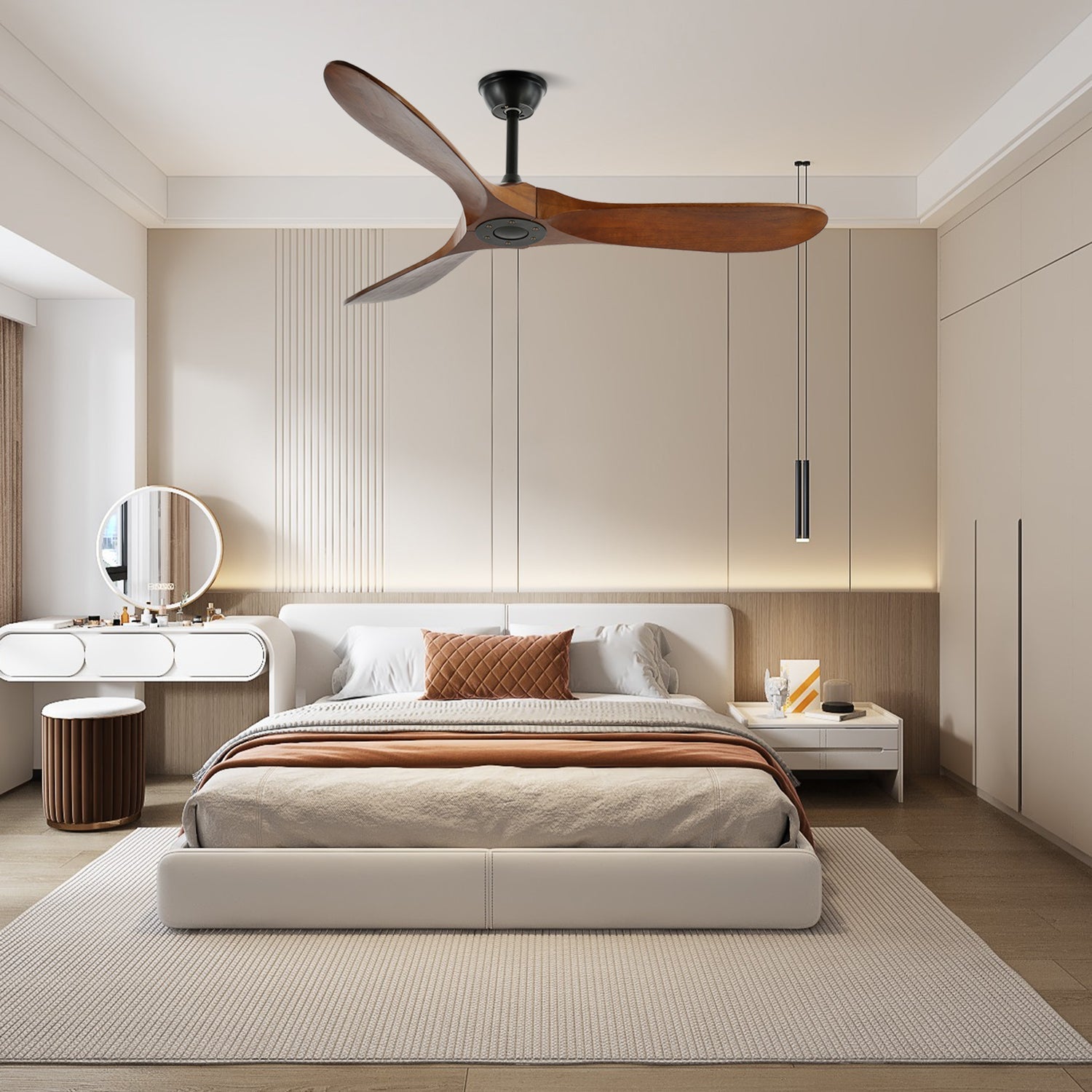 Aero Breeze ceiling fan with walnut blades seen from below