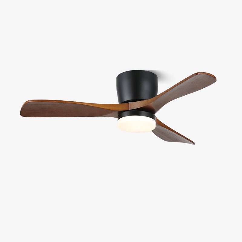 Isolated on a plain background, this Clérachic ceiling fan shows its walnut wood-grain blades and black motor housing, unlit.