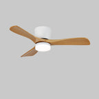 Close view of the tapered light wood-grain blades on this Clérachic ceiling fan, its white motor housing unlit.