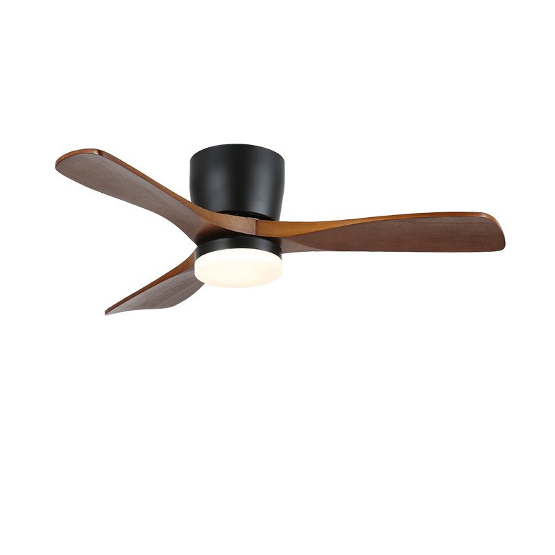 Cut out against white, this Clérachic ceiling fan shows its walnut wood-grain blades and black motor housing.