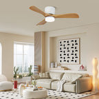 This Clérachic ceiling fan glows warm above a living room with a cream sofa and a floor lamp.