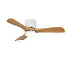 Cut out against white, this Clérachic ceiling fan shows its light wood-grain blades and white motor housing.