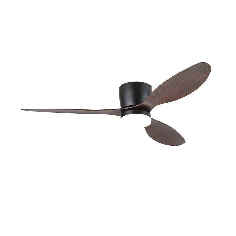 On a white background, this Clérachic ceiling fan shows tapered walnut wood-grain blades and a black motor housing, unlit.
