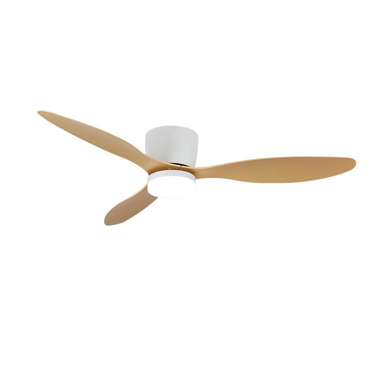 On a white background, this Clérachic ceiling fan shows tapered light wood-grain blades and a white motor housing, unlit.