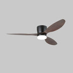 On a grey background, this Clérachic ceiling fan shows tapered walnut wood-grain blades and a black motor housing, unlit.