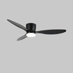 On a grey background, this Clérachic ceiling fan shows tapered black blades and a black motor housing, unlit.