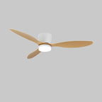 On a grey background, this Clérachic ceiling fan shows tapered light wood-grain blades and a white motor housing, unlit.