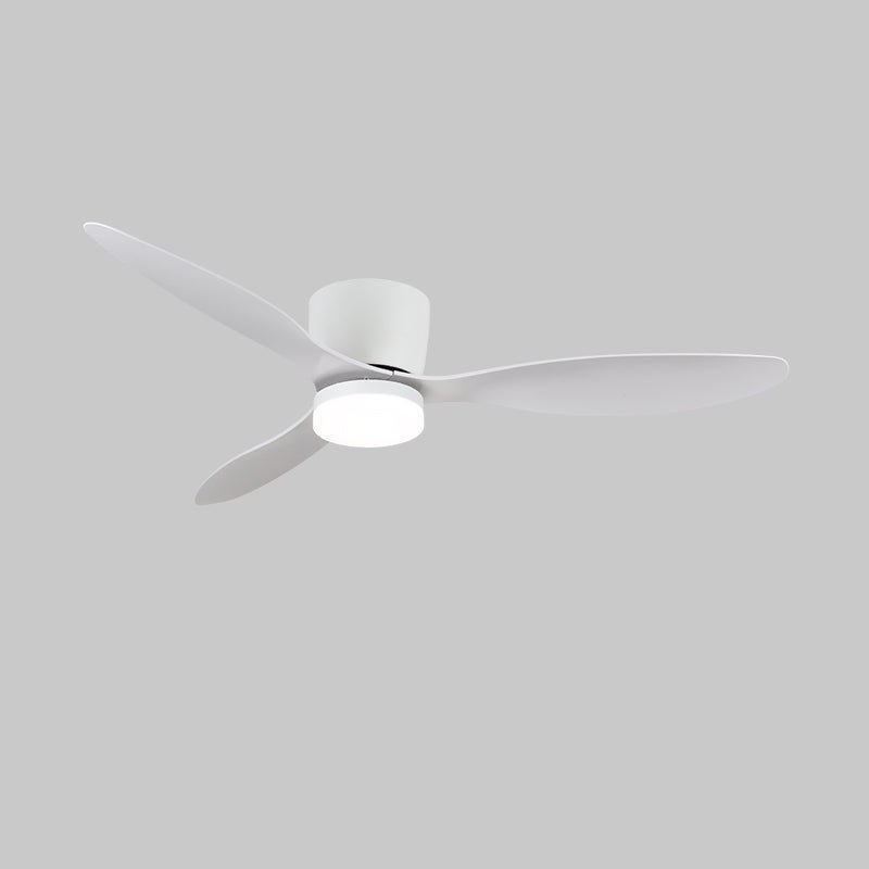 On a grey background, this Clérachic ceiling fan shows tapered white blades and a white motor housing, unlit.