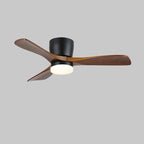 Close view of the tapered walnut wood-grain blades on this Clérachic ceiling fan, its black motor housing unlit.