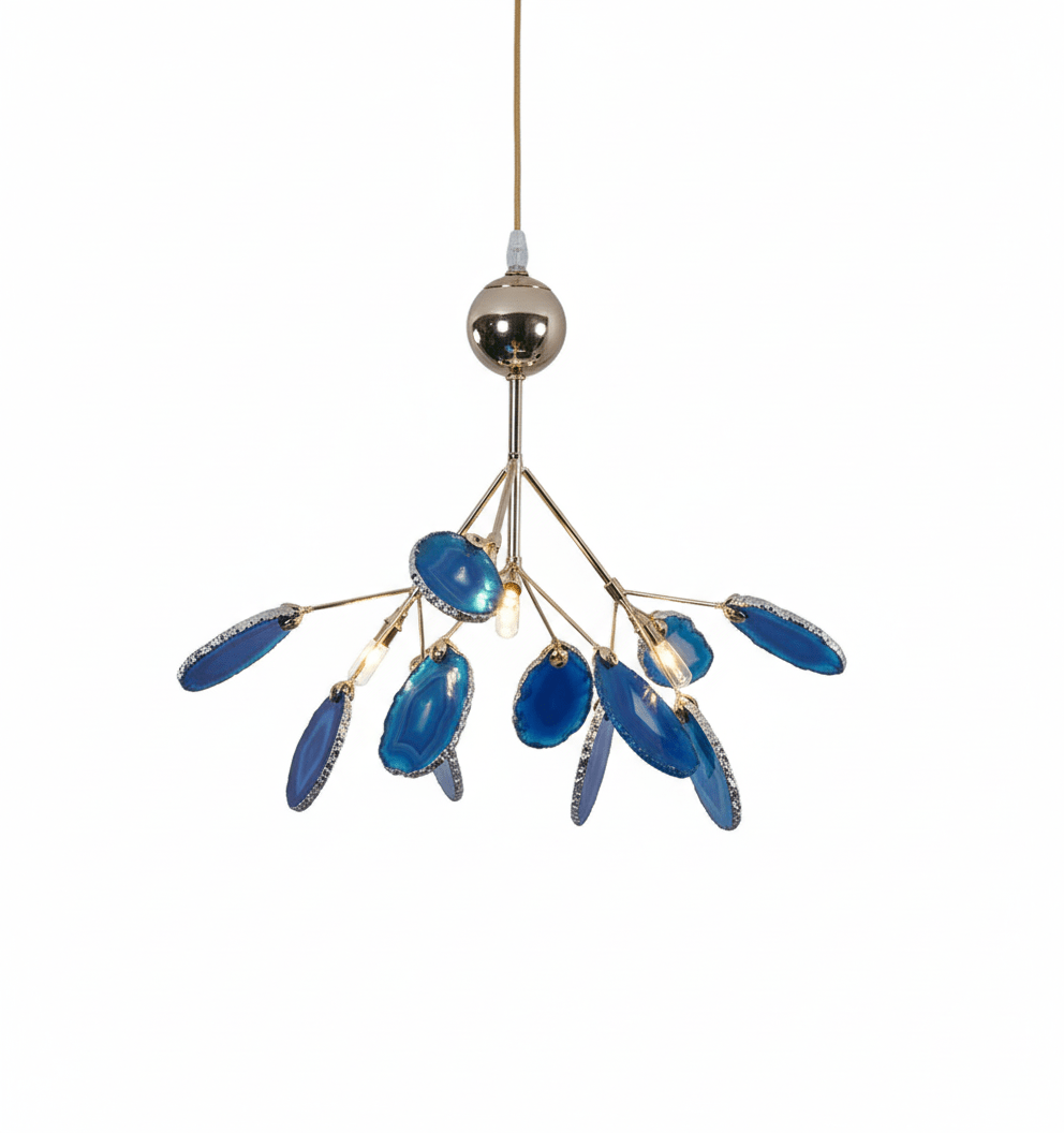 Agate slice chandelier with translucent stones and rose gold frame