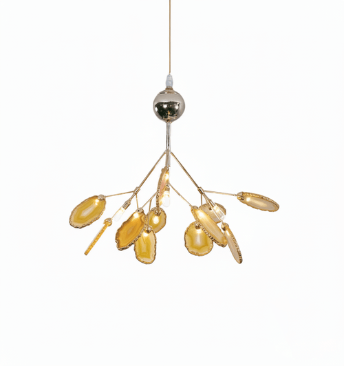Natural agate chandelier glowing warmly above a room