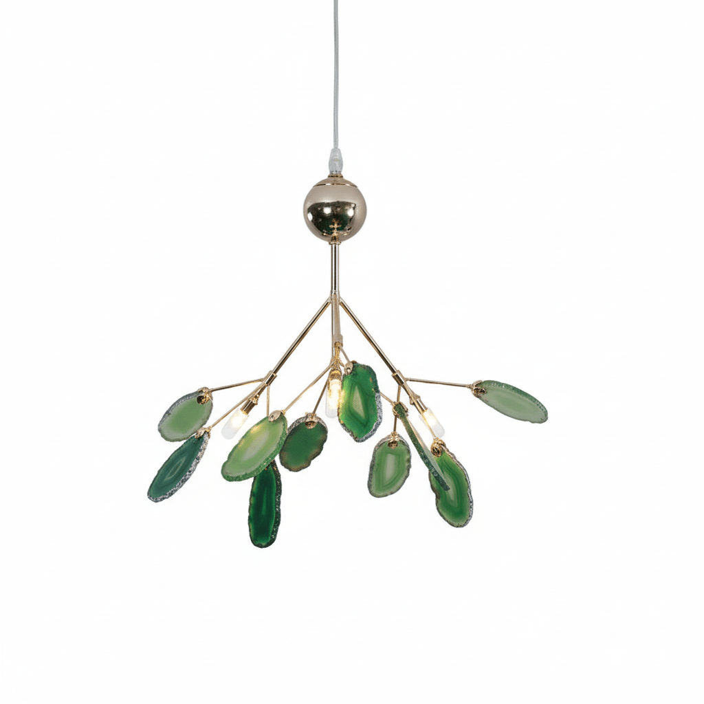 Lit agate chandelier showing veined translucent stone slices