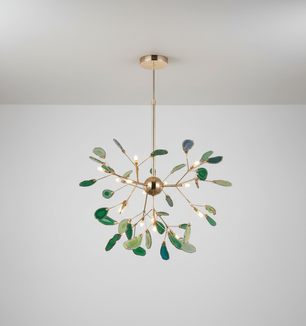 Agate chandelier with veined stone slices catching the light