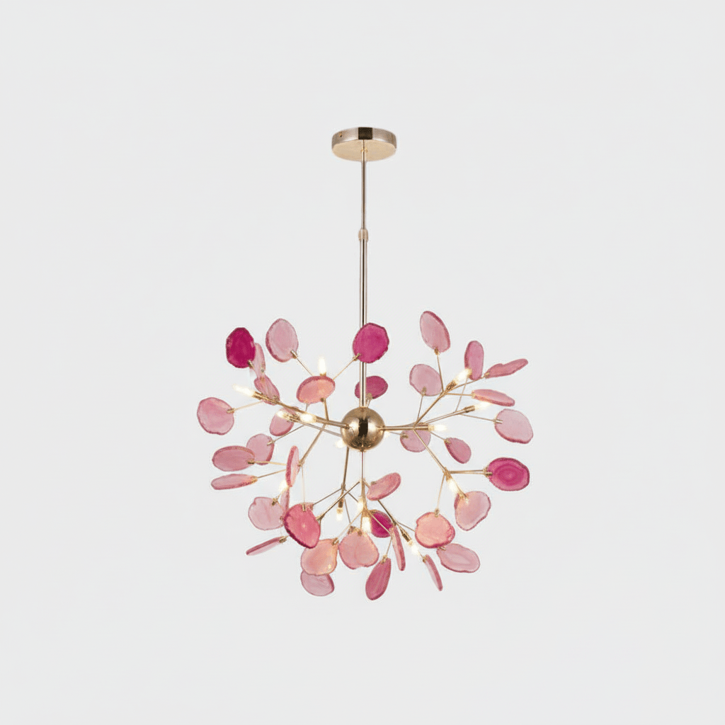 Detail of natural agate slices arranged on the chandelier