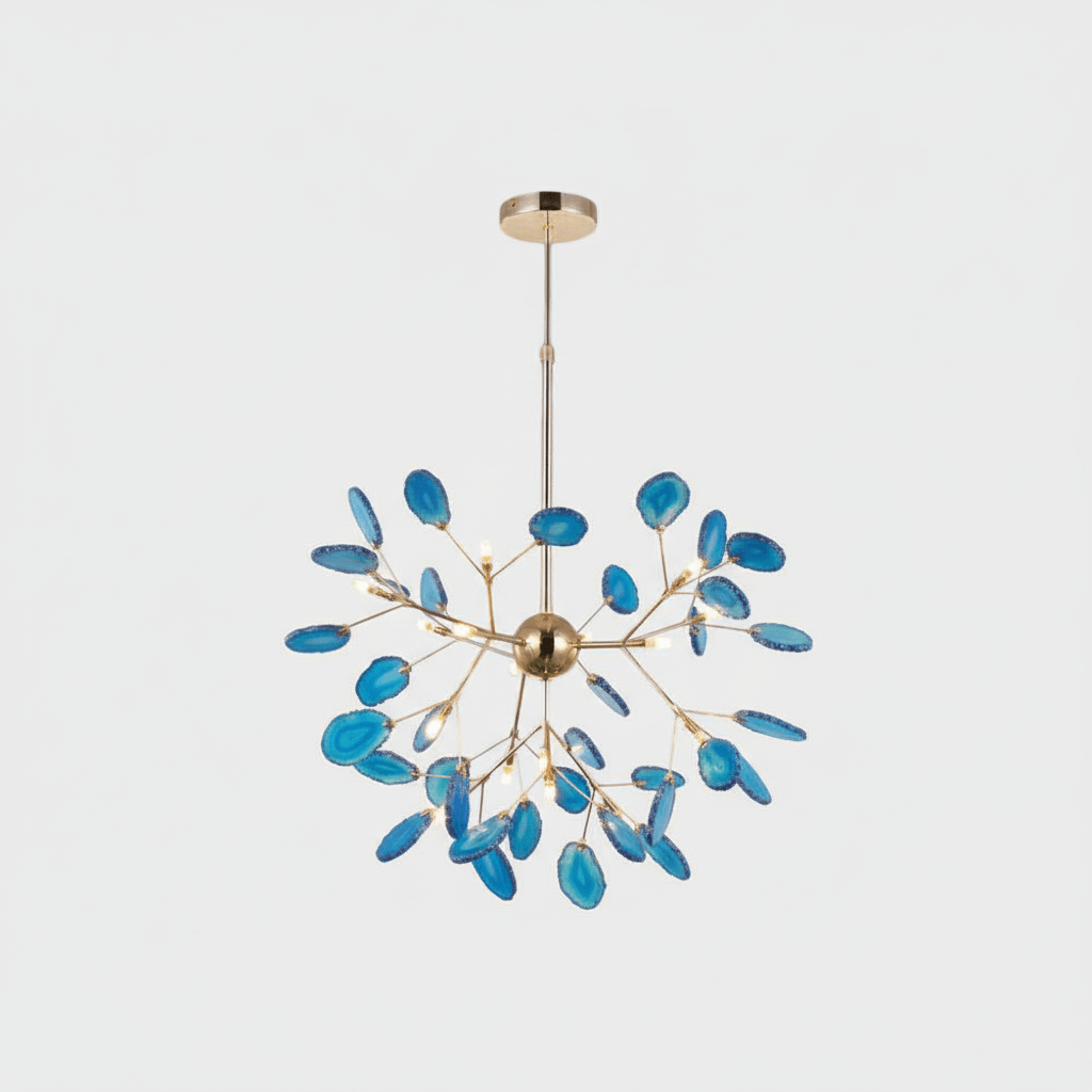 Backlit agate slices glowing on a rose gold chandelier