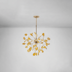 Agate slice chandelier with rose gold arms in a bright room