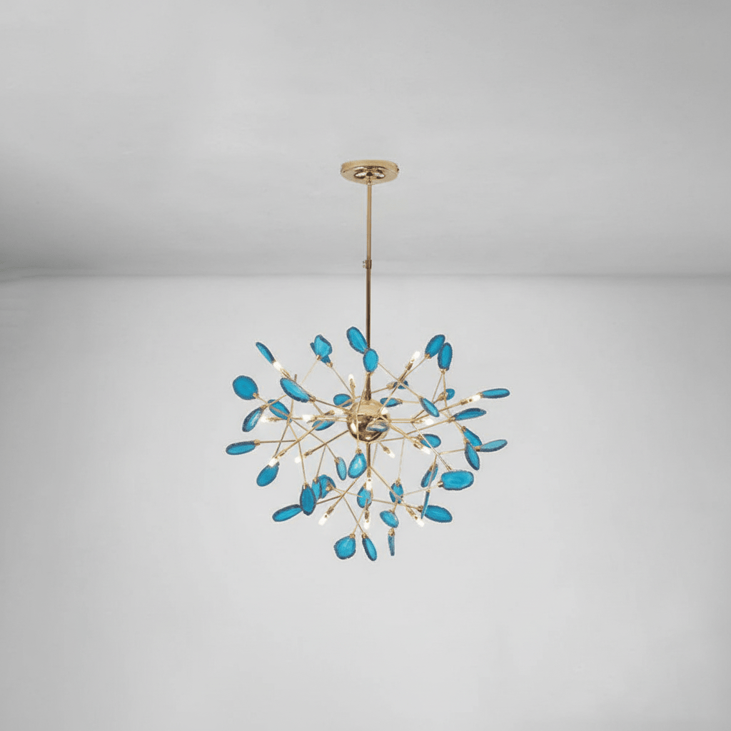 Lit agate chandelier with translucent veined stone slices